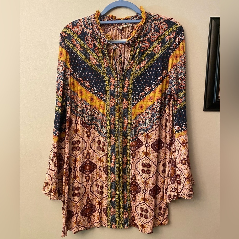 Altar’d State Bohemian Colorful Ruffled Bell Sleeve Dress